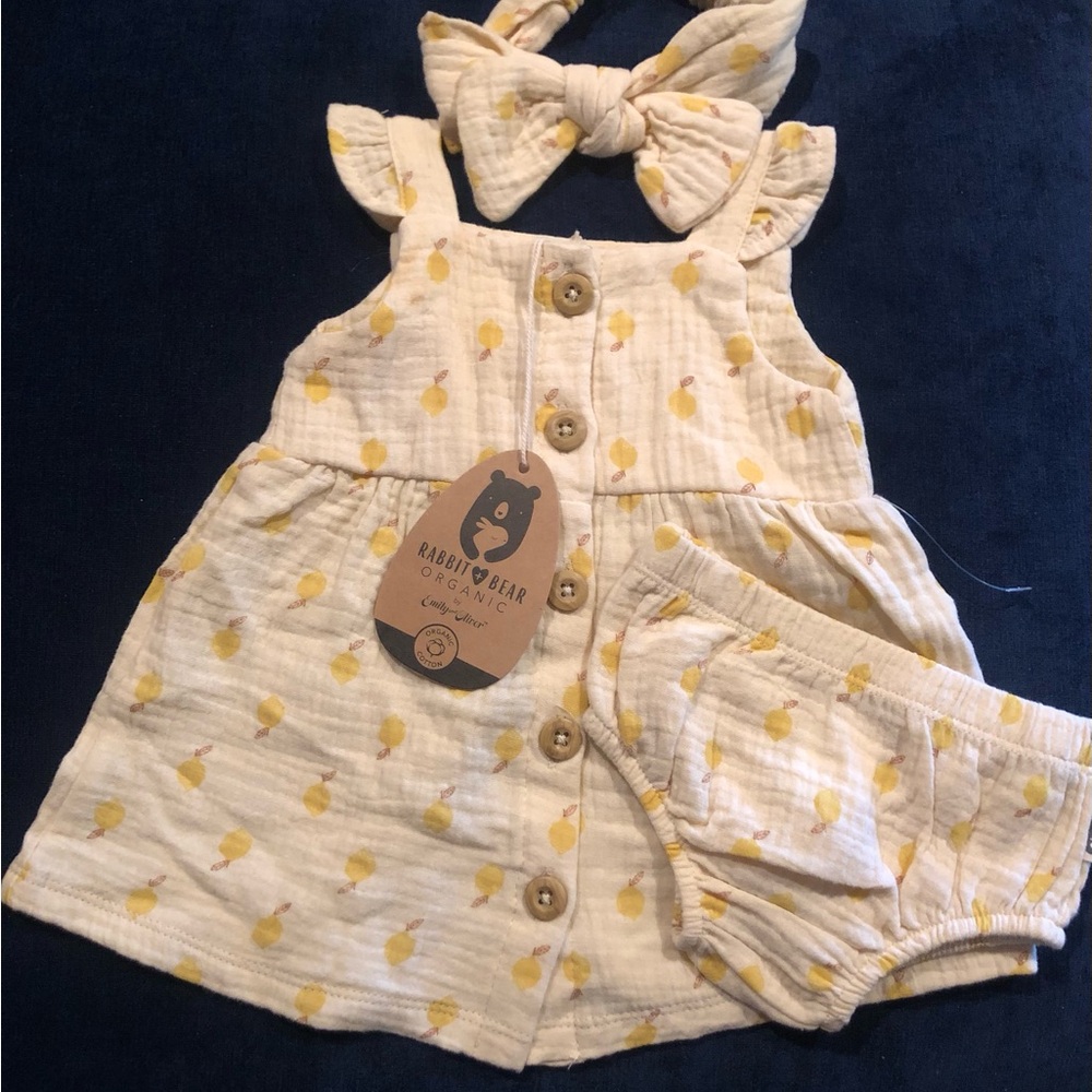 Organic Yellow lemon Print Baby Dress with Bloomers